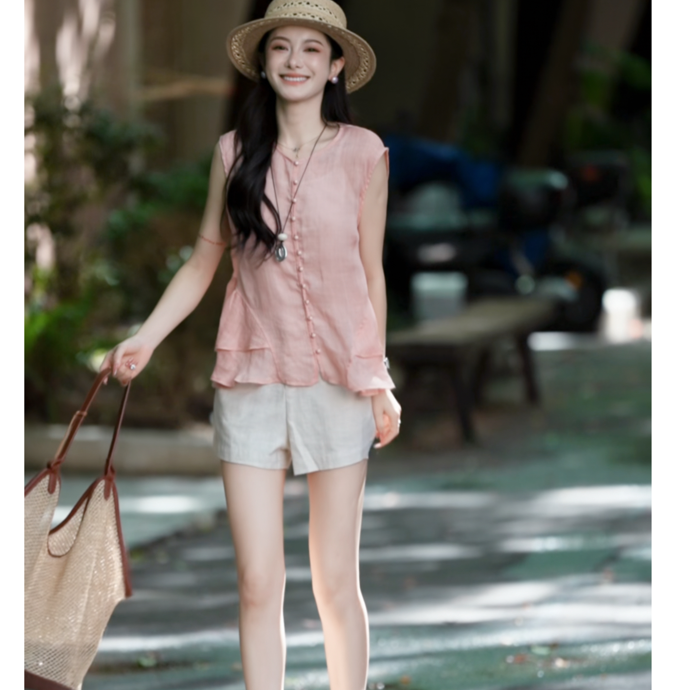 【YO YO】荷叶边亚麻无袖衬衫夏季宽松显瘦气质小衫770102