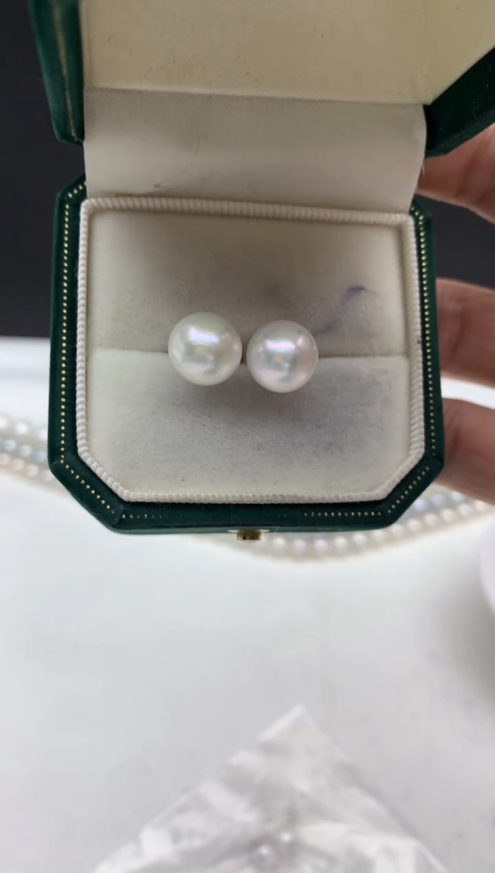 铂Pt950镶嵌ff淡水珍珠白珠耳饰10~11mm