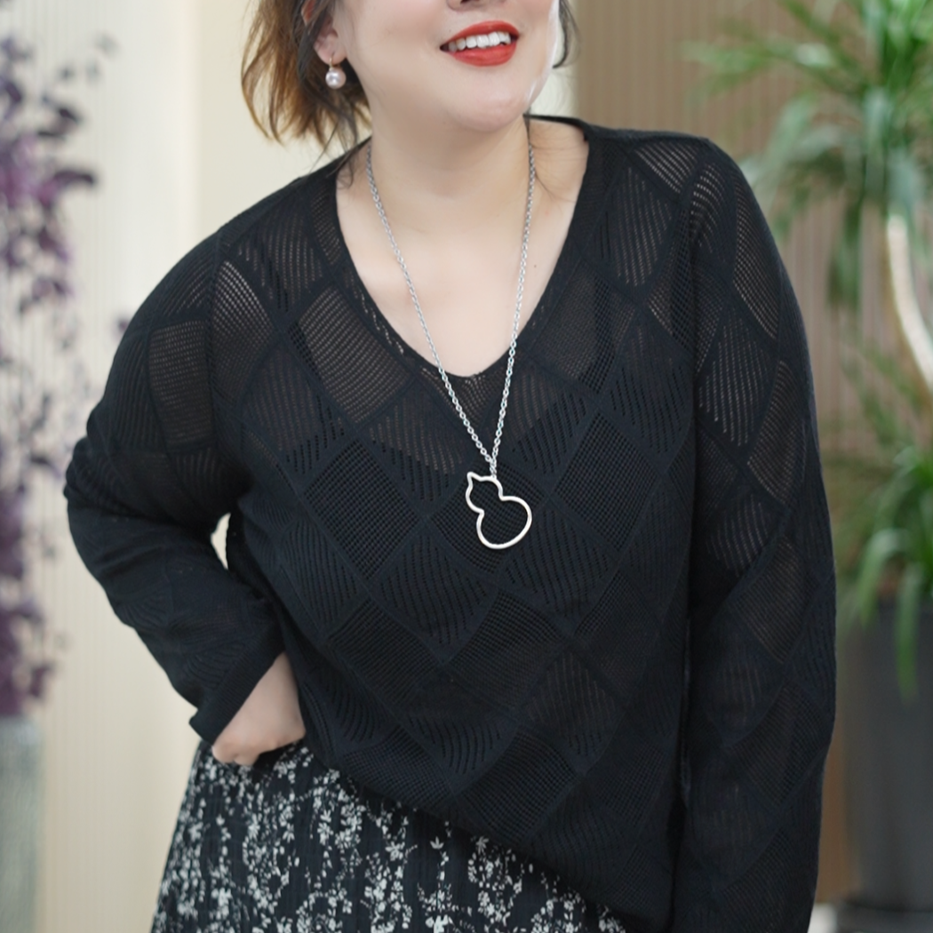 【薄款】V领菱格镂空绵羊毛针织衫女大码弹力lulu风上衣秋季显瘦T恤