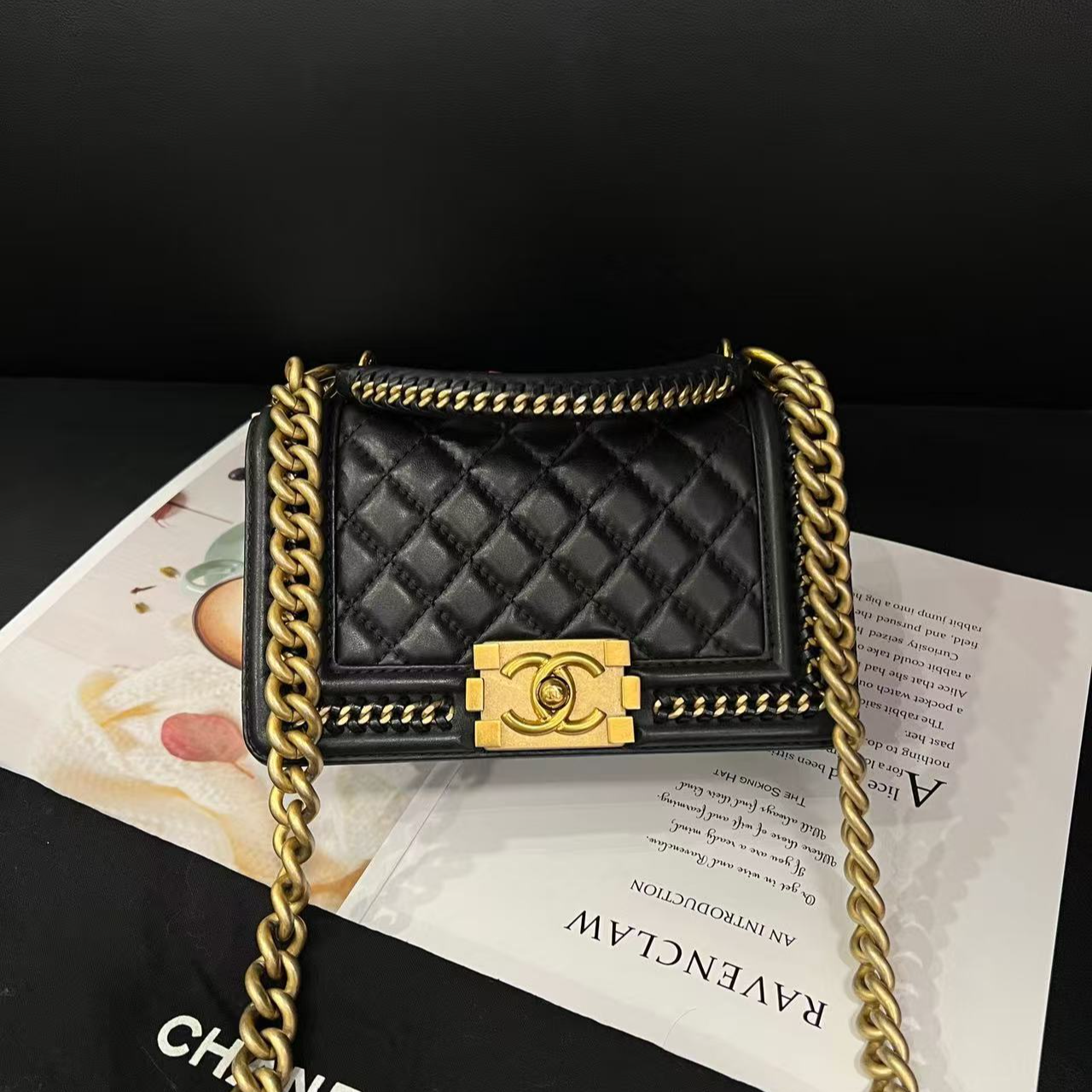 99新 Chanel/香奈儿 专柜43300黑金17年手柄小号leboy单肩包B6460