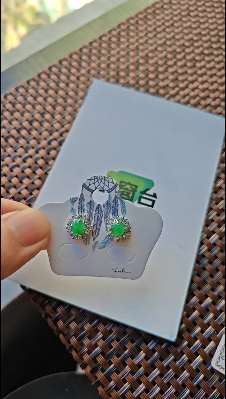 【闪购商品】翡翠耳饰银S925镶嵌翡翠耳饰S925银镶嵌