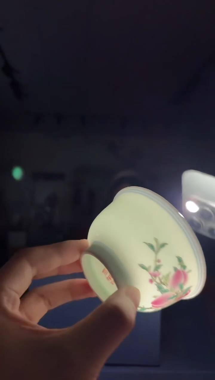 杯子陶瓷绿稀3.5英寸粉彩寿桃茶碗+礼盒