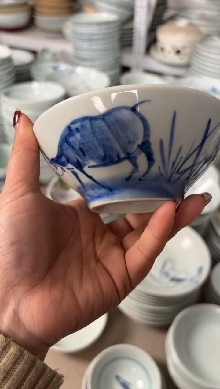 明舟中暇手绘5寸高足碗（单只装随机图案）
