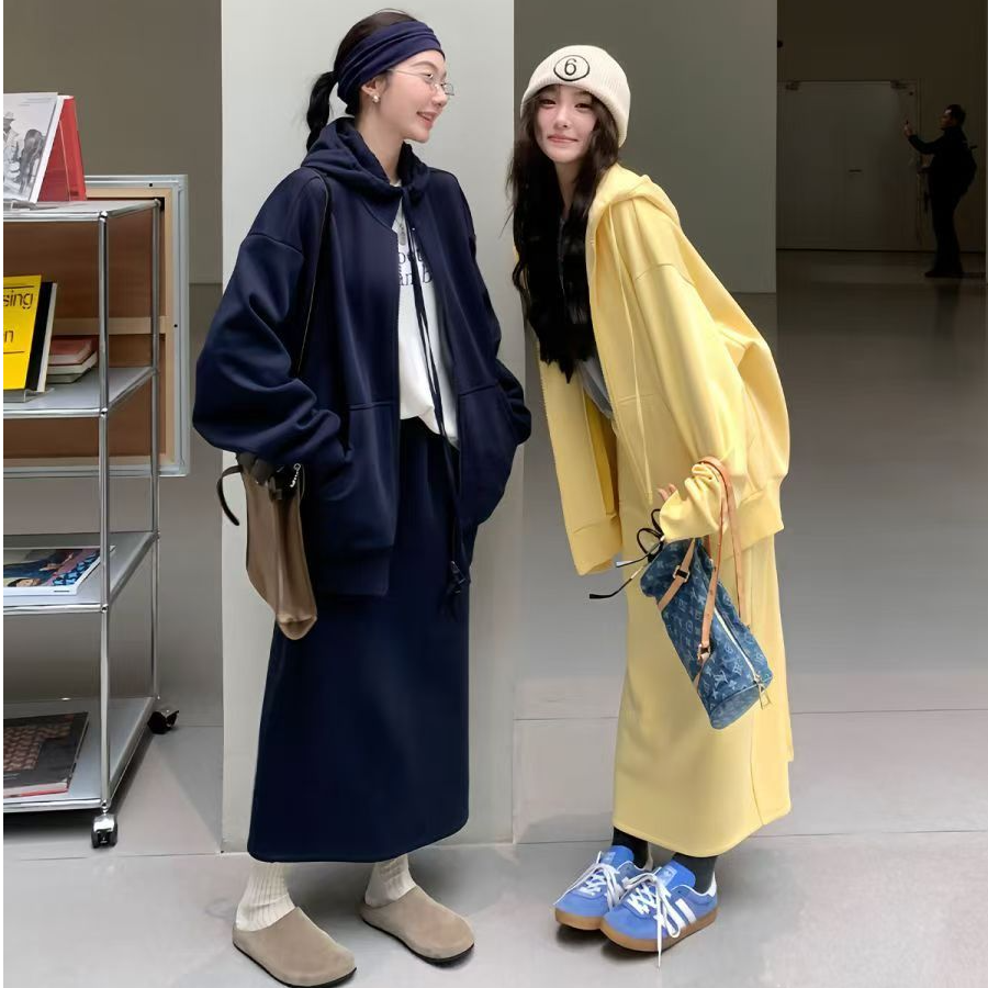连帽卫衣外套开叉半身裙套装女冬季设计感小众两件套