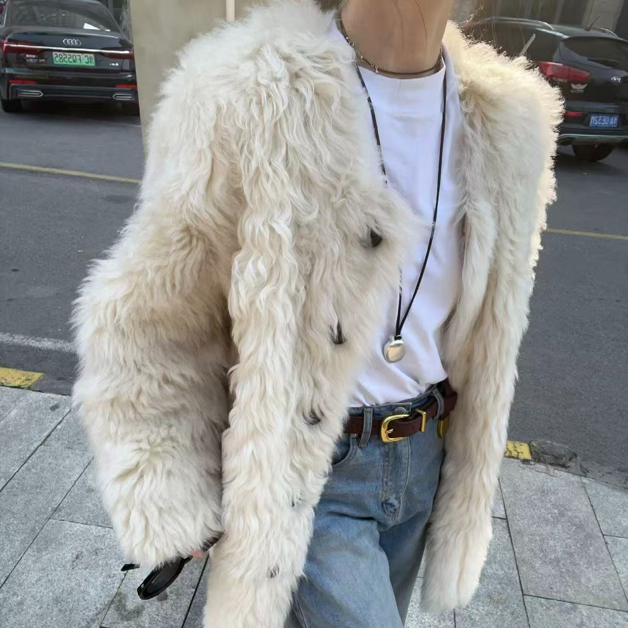 【Miss 程】冬季新品中长款米色托卡皮衣