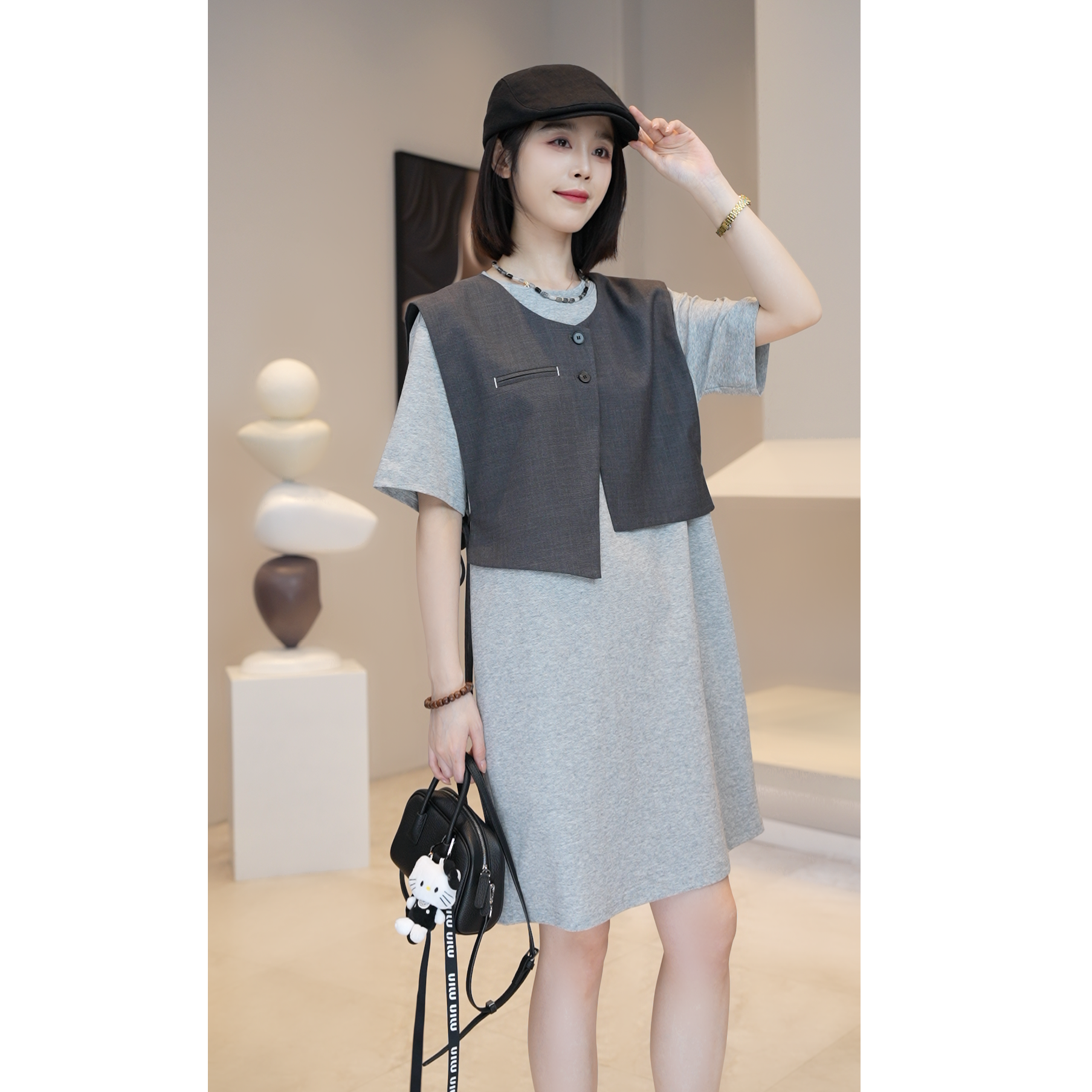 清货价【薇薇绮】夏季新款不规则西装马甲短袖连衣裙两件套D431