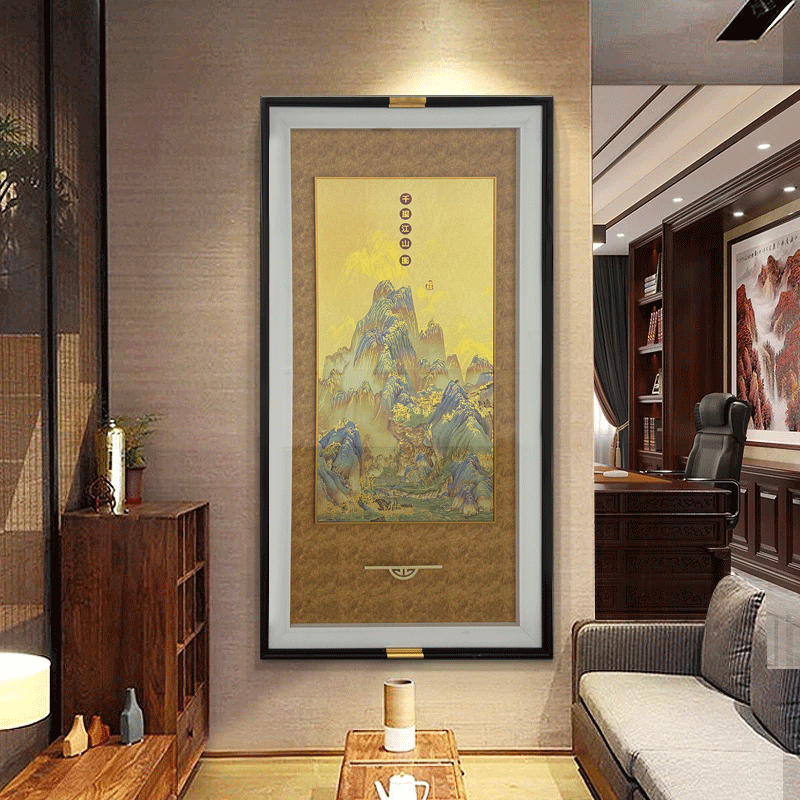 益师傅玄关装饰画客厅走廊挂画新中式竖版玄关铜板画千里江山图06