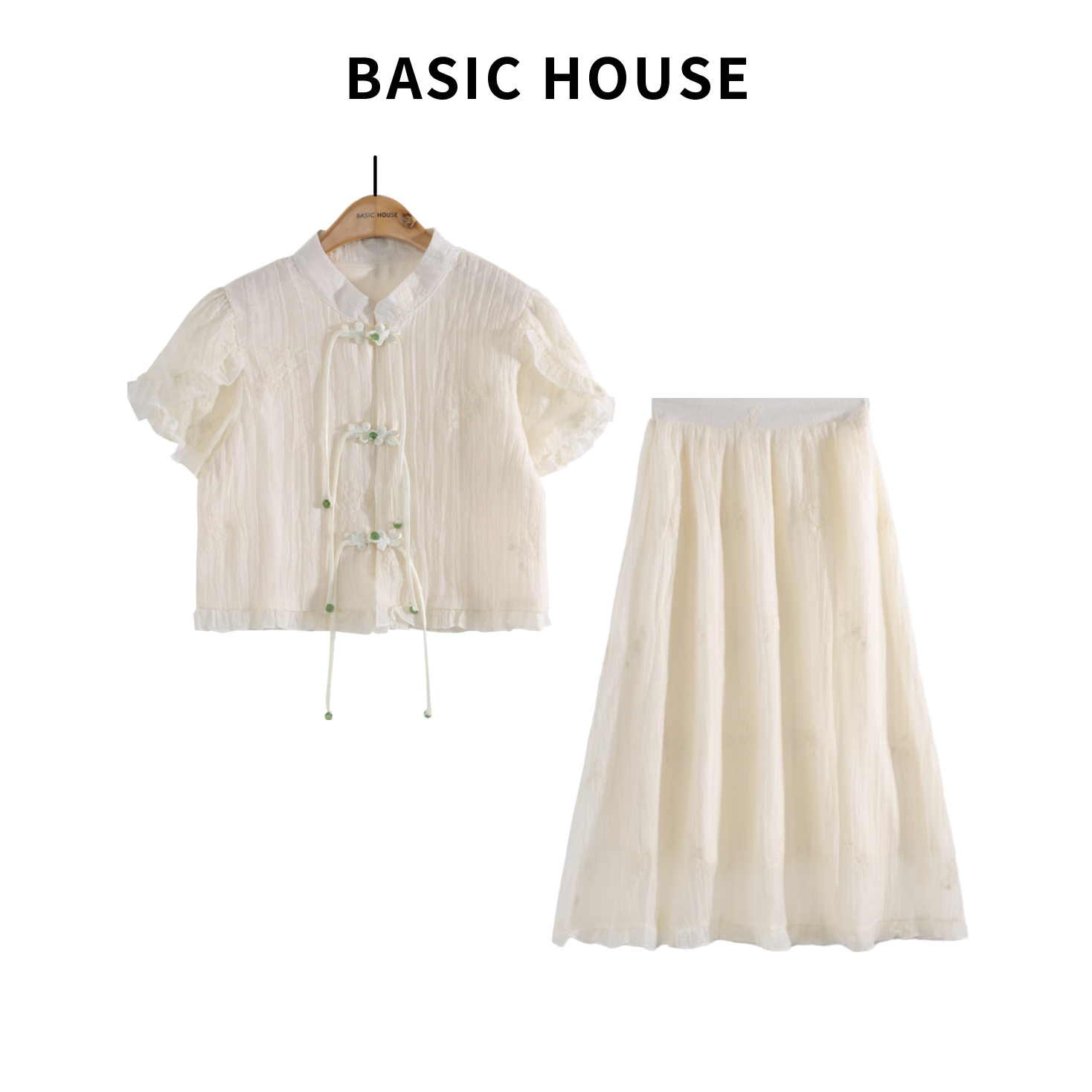 Basic House/百家好春夏时尚复古汉元素显瘦衬衫裙套装H332