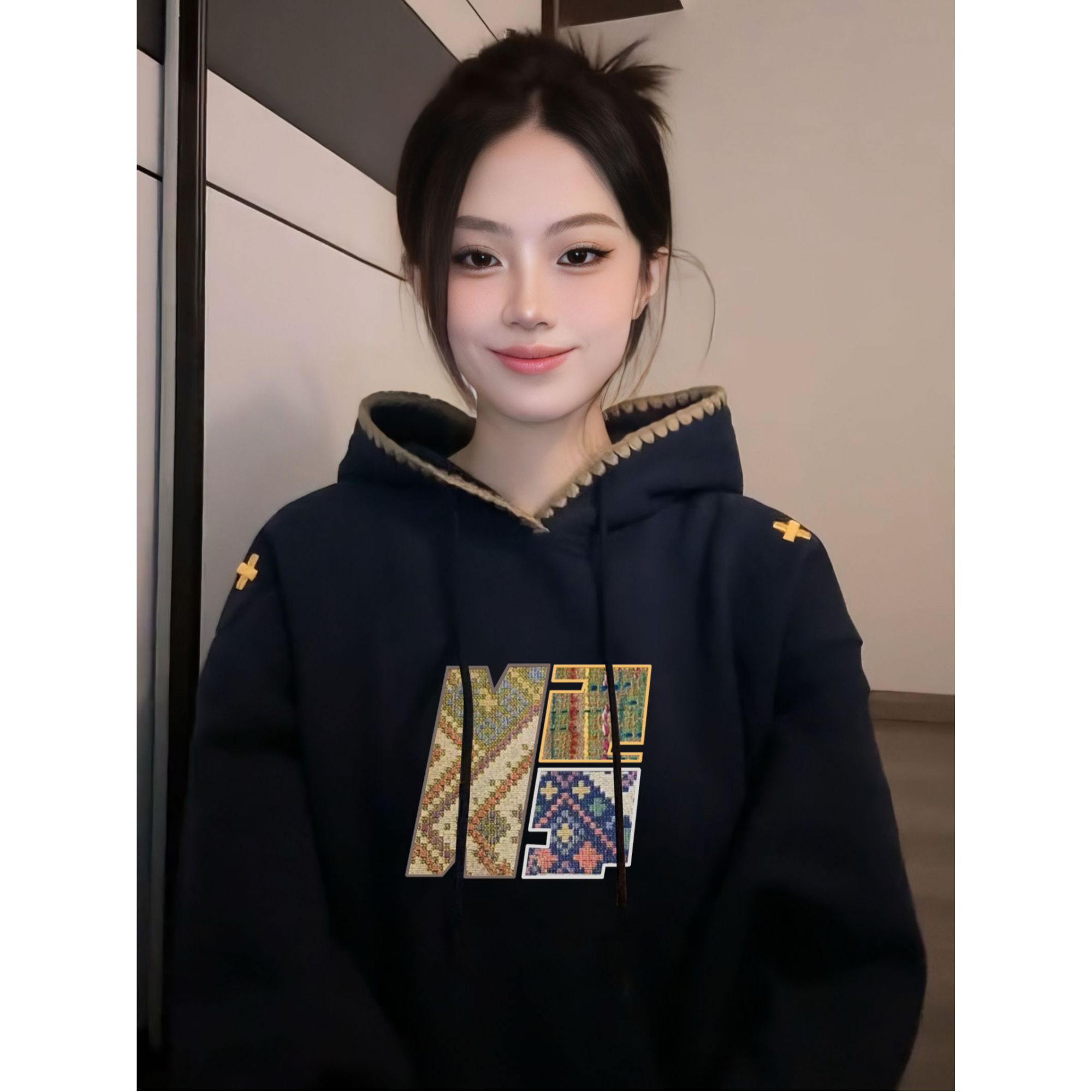 复古刺绣连帽卫衣女秋冬季小众设计感帽衫情侣装上衣潮