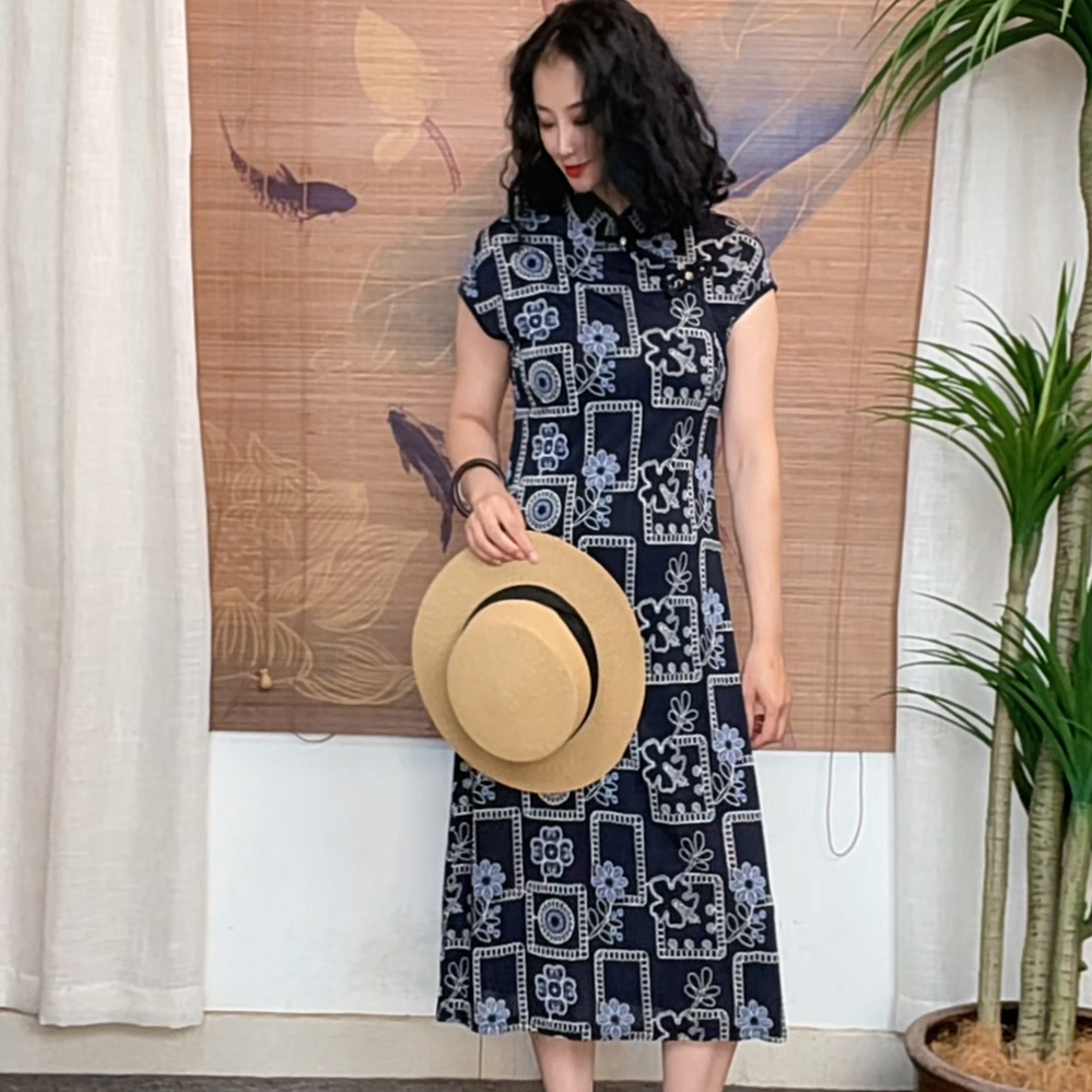 543夏季定制新款青花瓷遮肉新中式百搭气质国风禅意风旗袍裙