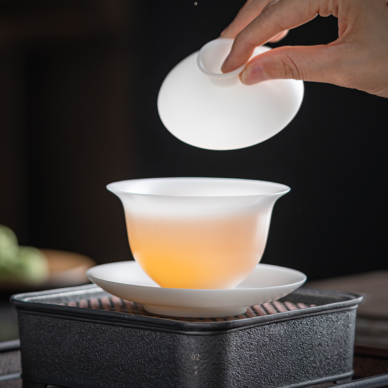 冰种玉瓷三才盖碗简约高端纯白瓷泡茶具中式高档陶瓷盖碗茶具套装