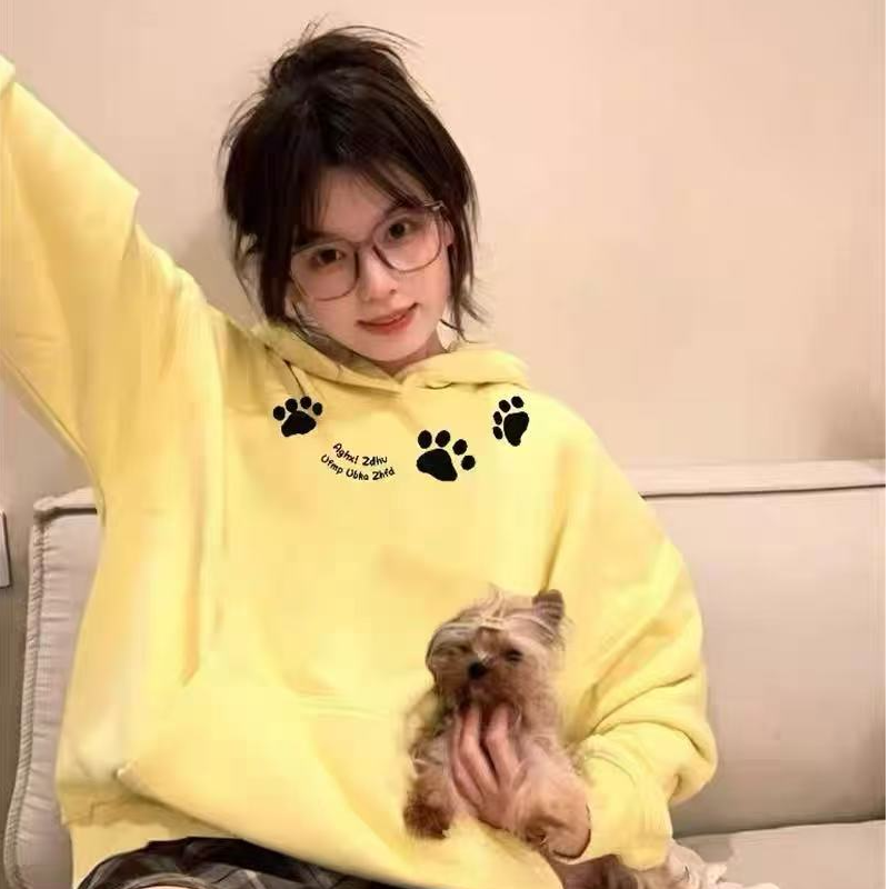 男女同款秋冬加绒加厚卫衣女2025新款奶黄连帽小个子宽松美式高街