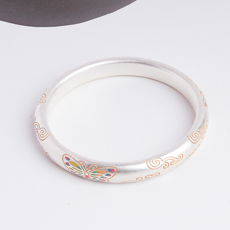 足银手镯 8号链接【描金闭口手镯】足银999.9手镯带证书礼盒包装