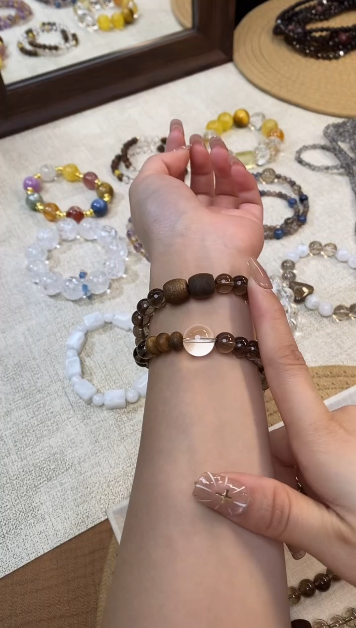 合金手链水晶《梧桐》茶晶奇楠沉香白水设计双圈8.5-9mm多样性发一
