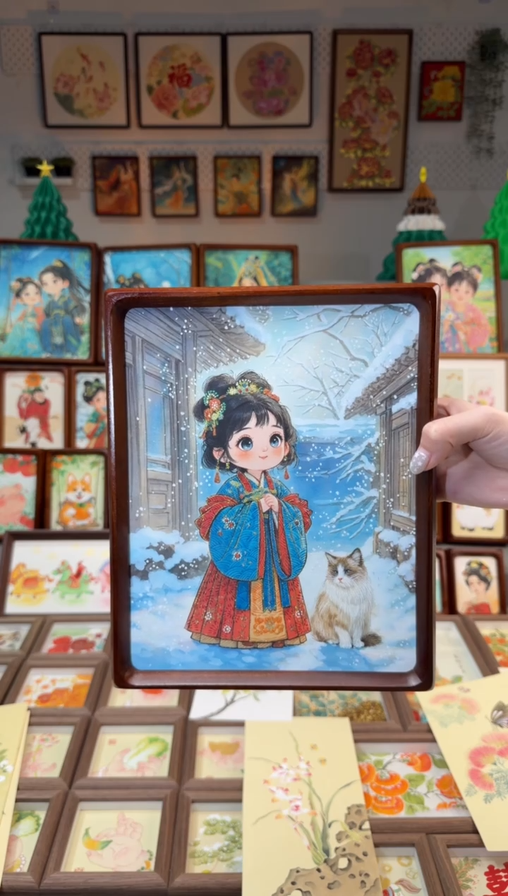 国画猫咪女孩 雪景 手绘国画10