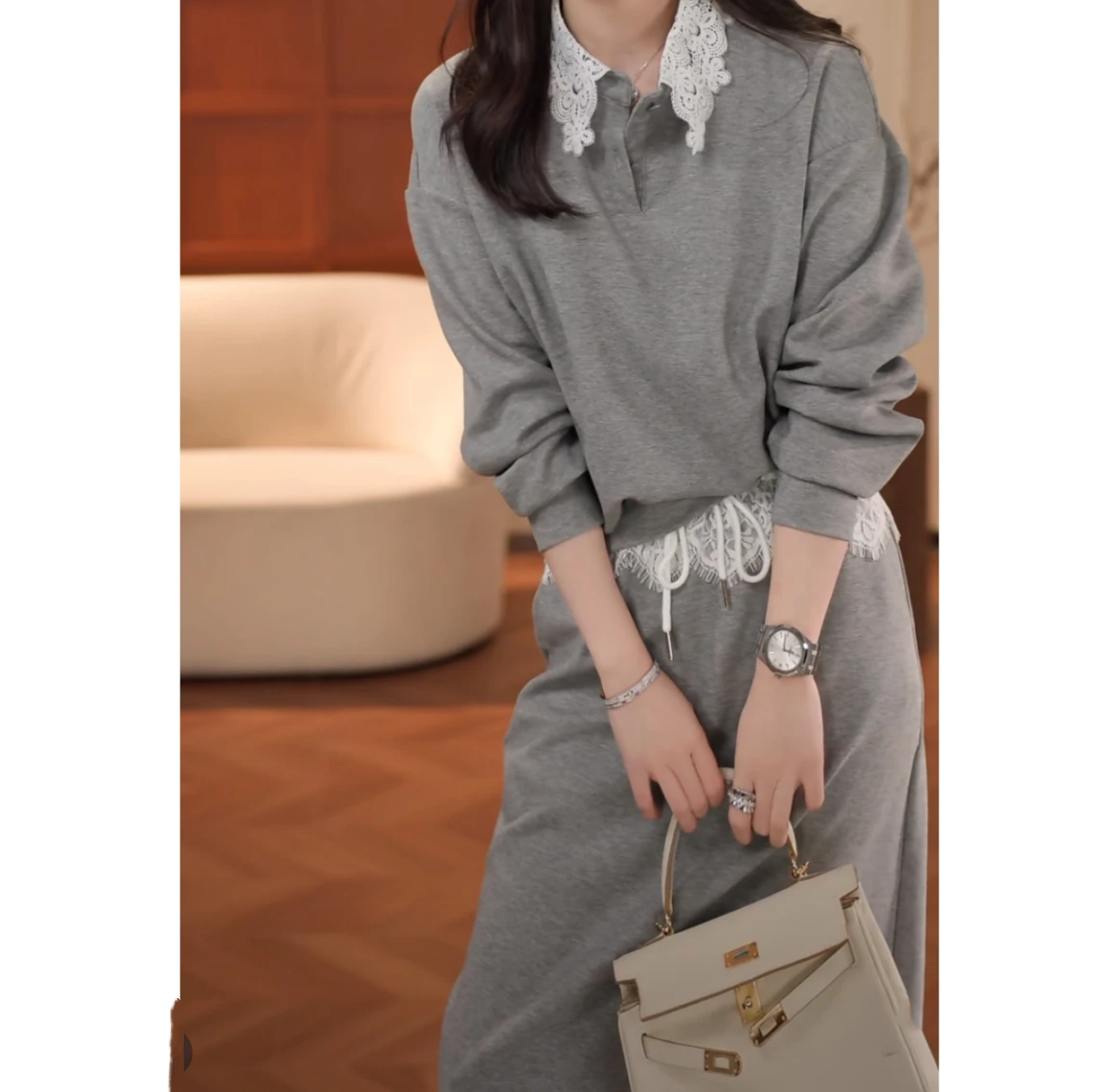 POGU-R 新款时尚百搭显瘦蕾丝设计套装女TZ-0345