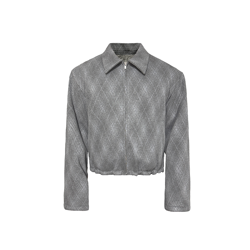 JCAESAR FLEECE JACKET 灰菱格抽绳夹绒夹克 毛呢醋酸 合体短