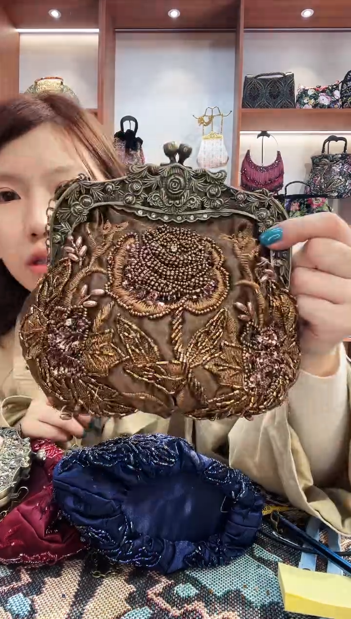 织物9号（多色可选）手工珠珠包包腋下斜跨包手拿包手提晚宴包 