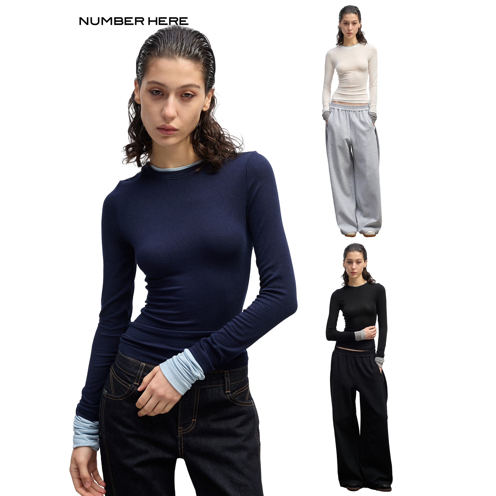 NUMBER HERE 澳洲美丽诺羊毛奥地利兰精菜赛尔混纺假两件长袖T恤