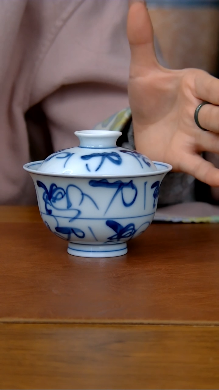 【闪购商品】陶瓷茶花纹元宝两才盖碗（柴窑）     