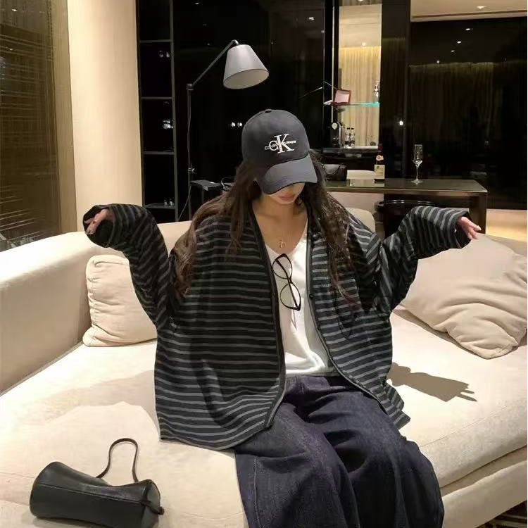 （v领开衫外套）春秋休闲慵懒风简约条纹时尚v领开衫外套宽松