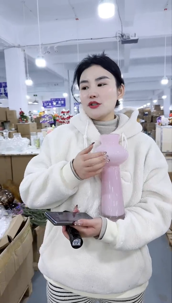 【闪购商品】无铅玻璃L-粉色杨柳花瓶