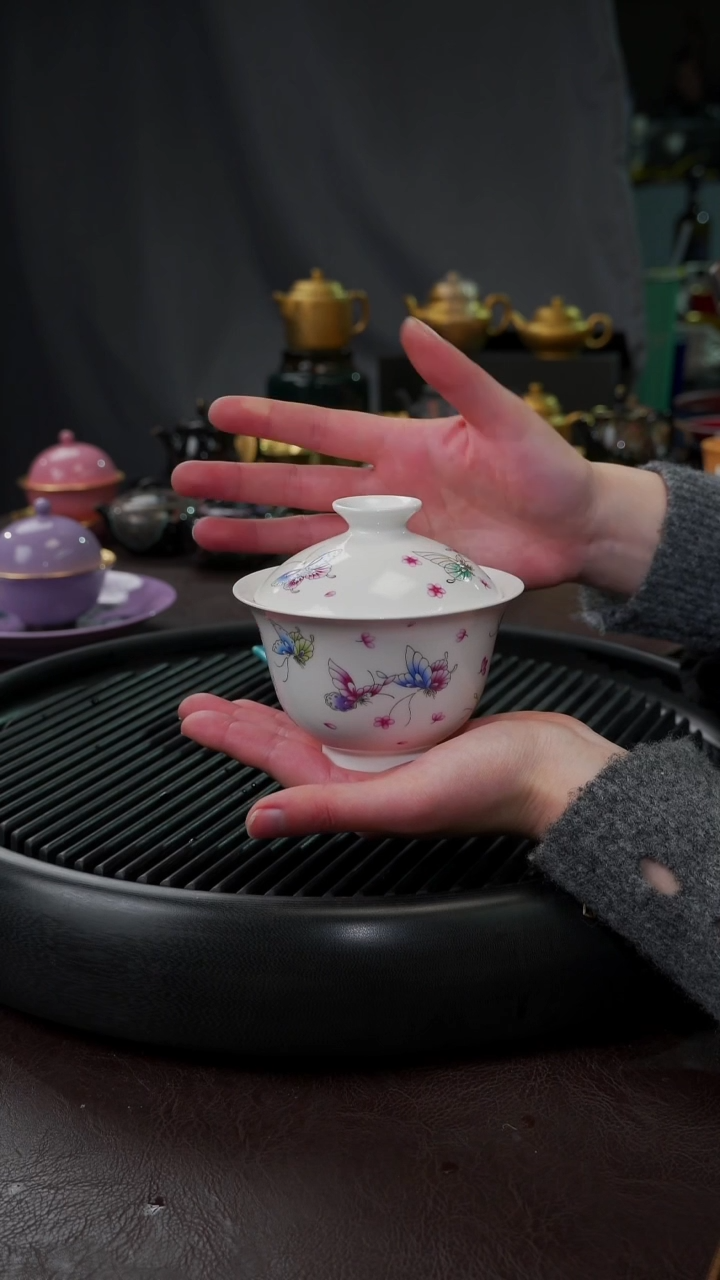 【闪购商品】杯【宜景窑手绘蝶舞】白色盖碗