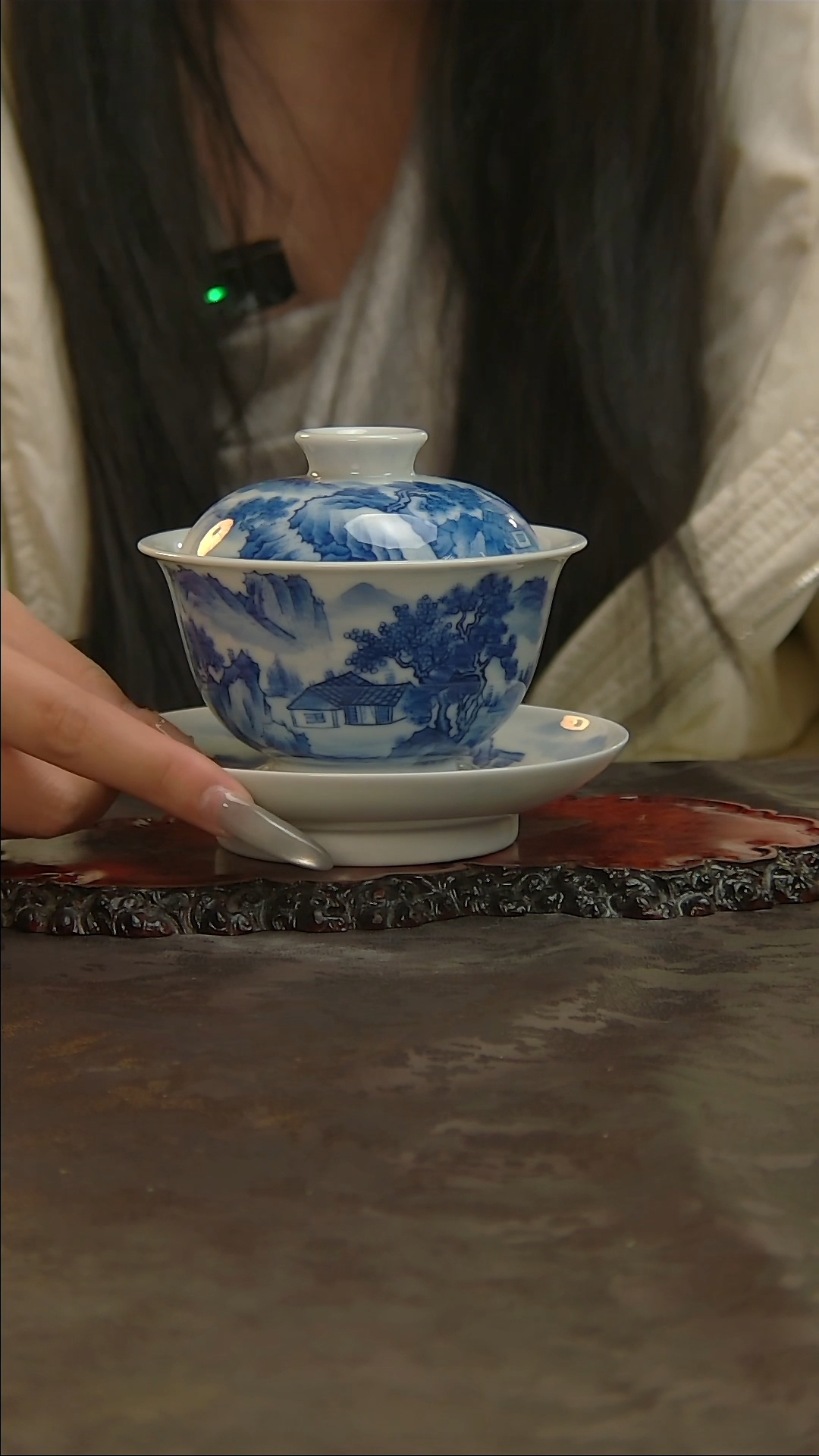 【闪购商品】青花手绘山水三才盖碗