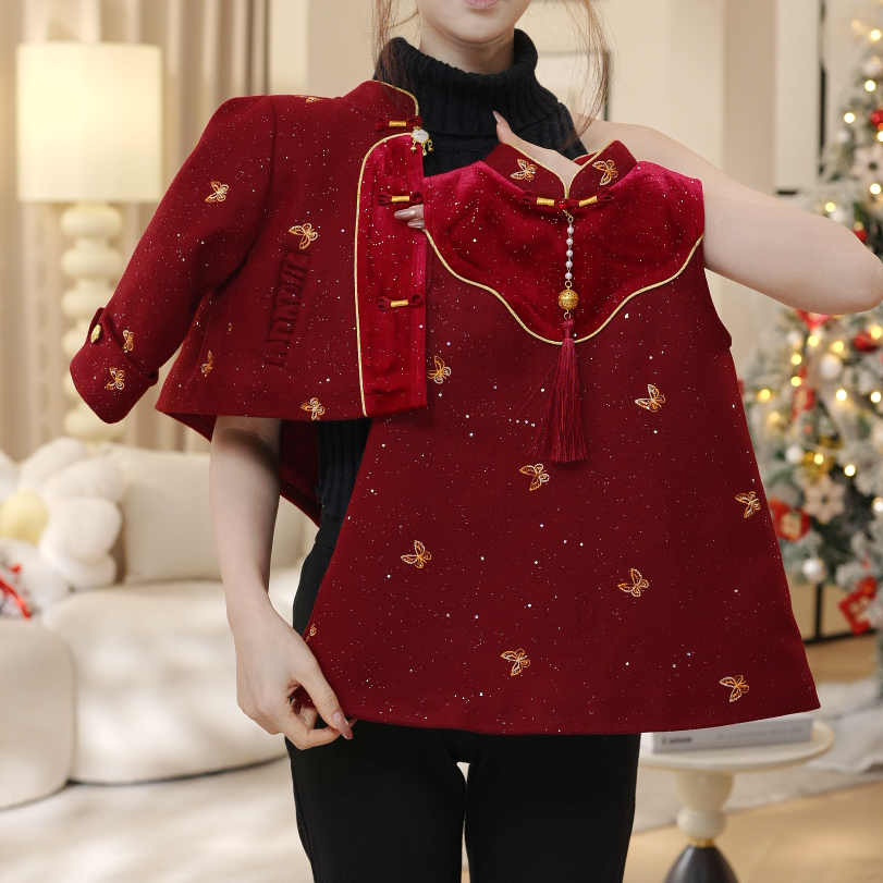 2025女童新款夹棉加厚小香风上衣外套背心裙两件套套装DA30966