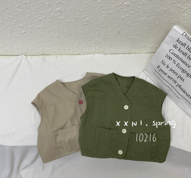 小熊妮 春季新款儿童马甲百搭背心 10216军绿 米黄