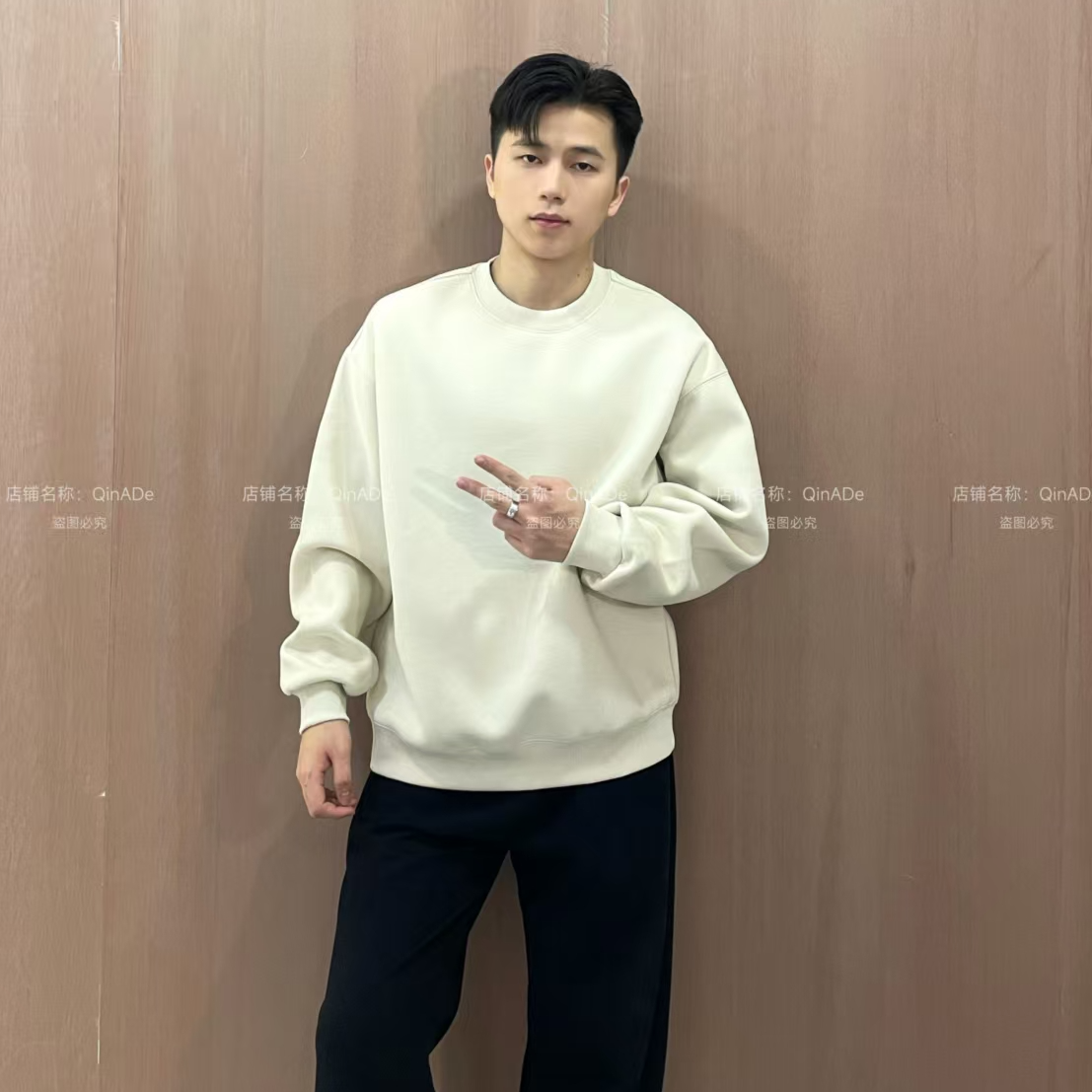 QinADe春秋季韩版简约风纯色宽松圆领卫衣男士上衣时尚休闲长袖