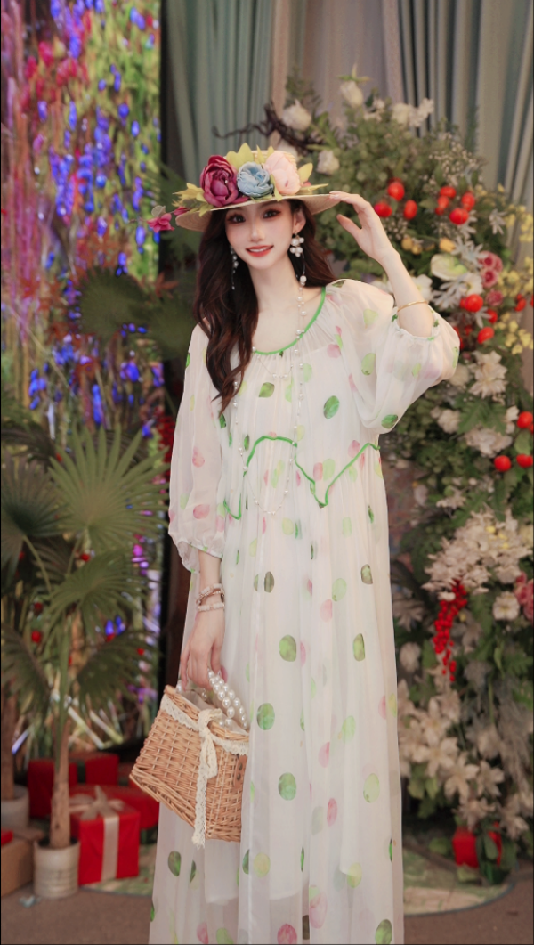 【荷花仙子】25新款夏桑蚕丝气质宽松时尚长款女装连衣裙251D712