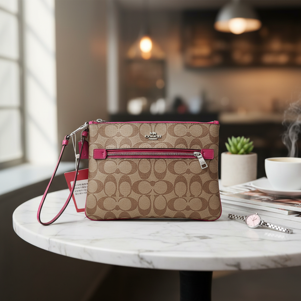 95新 COACH/蔻驰 老花玫粉色手拿包 1848 5992