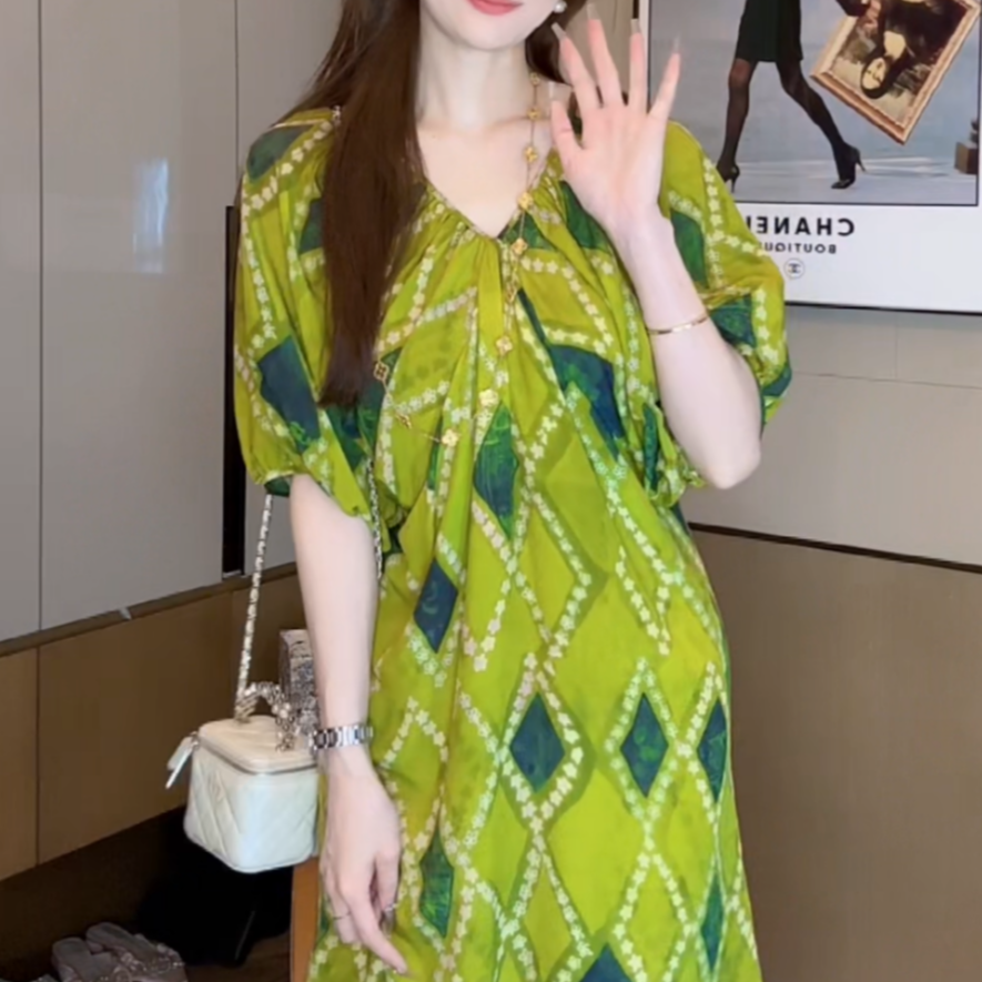 【丝芙玉禄】（S210）真丝双绉桑蚕丝气质印花减龄宽松女装连衣裙