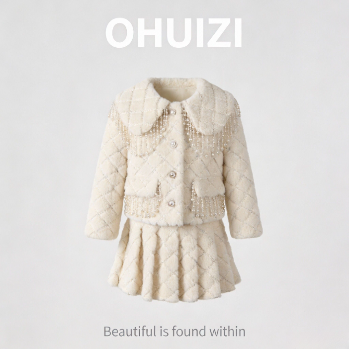 OHUIZ【霜雪珍珠】设计师童装小香风套装绒感刺绣加棉加厚珍珠流苏