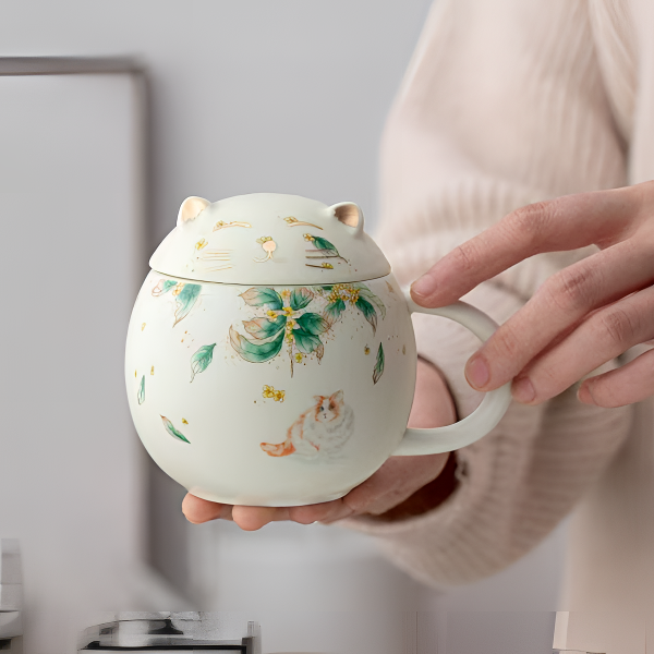 G3226汝窑猫咪办公杯家用茶杯高档可爱复古创意大容量手绘日式