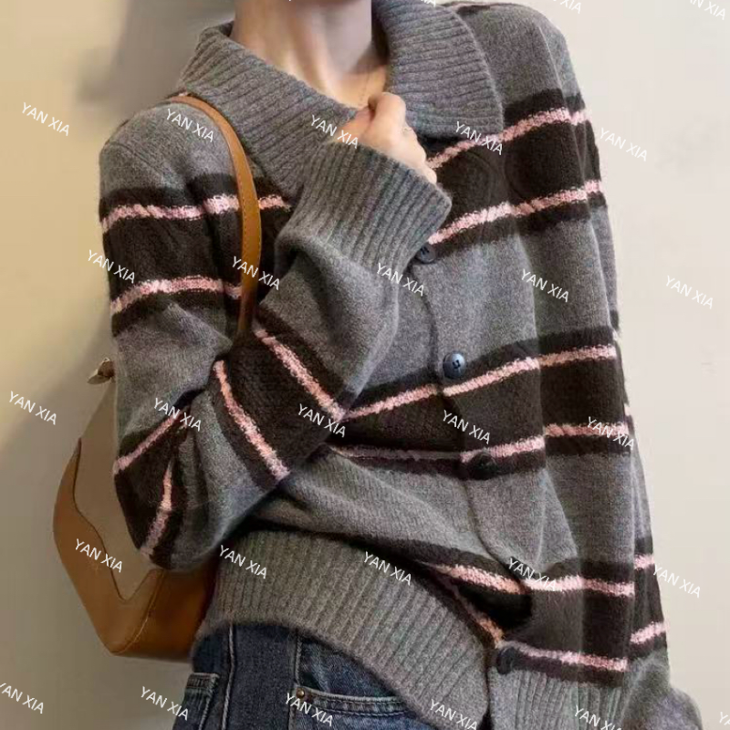 "条纹POLO" 绵羊毛特种纱开衫毛衣 复古翻领条纹开衫毛衣 W-771