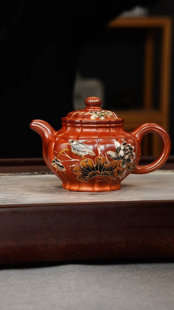 【闪购商品】紫砂茶壶火云烧 筋纹掇只 花鸟珐琅彩