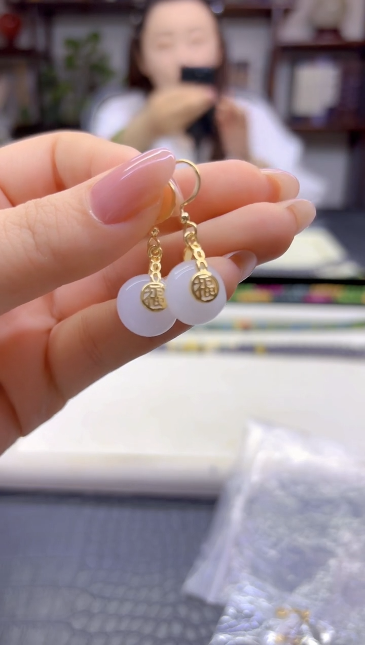 14K金镶嵌和田玉耳饰DIY款E228