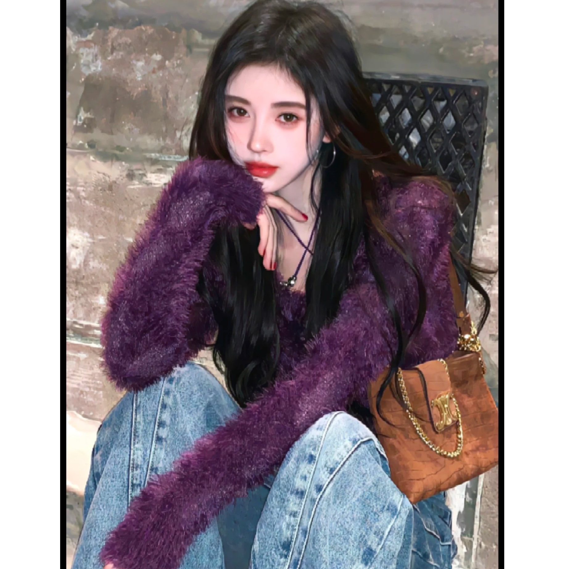 <猪猪出品>百搭气质时尚圆领长袖紫色女装毛针织开衫紫