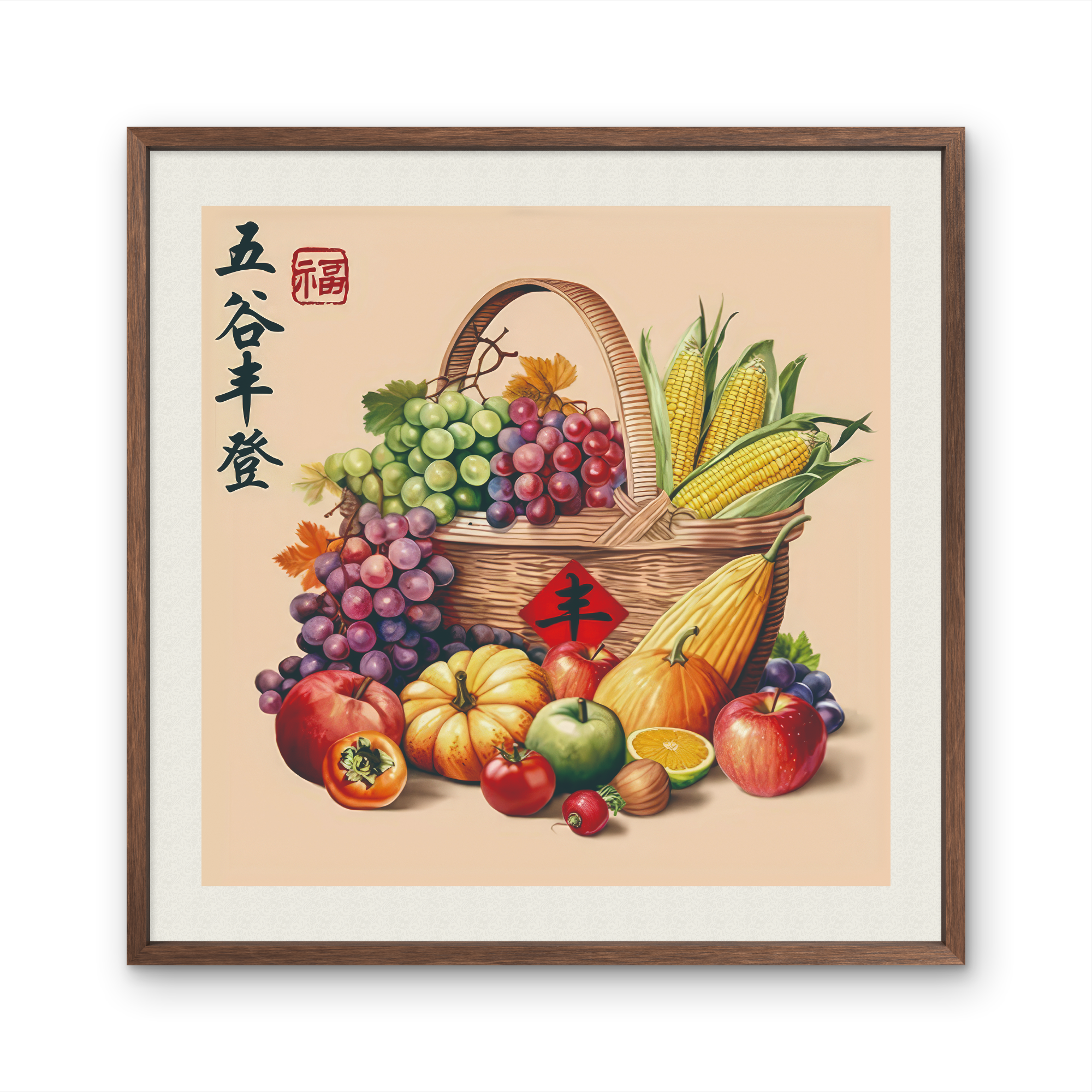 9046-50*50五谷丰登左字中式装饰画木框玄关书房茶室客厅挂画