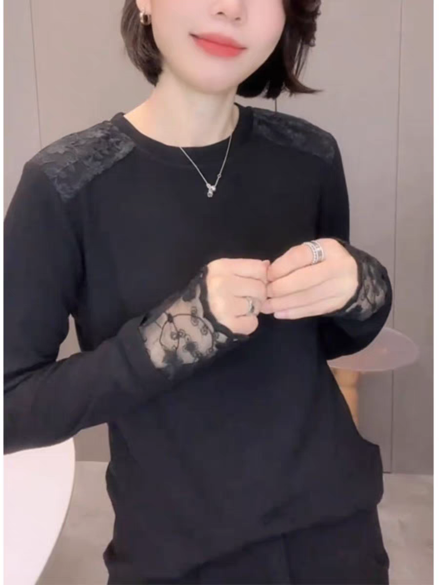 蕾丝黑色加绒打底衫