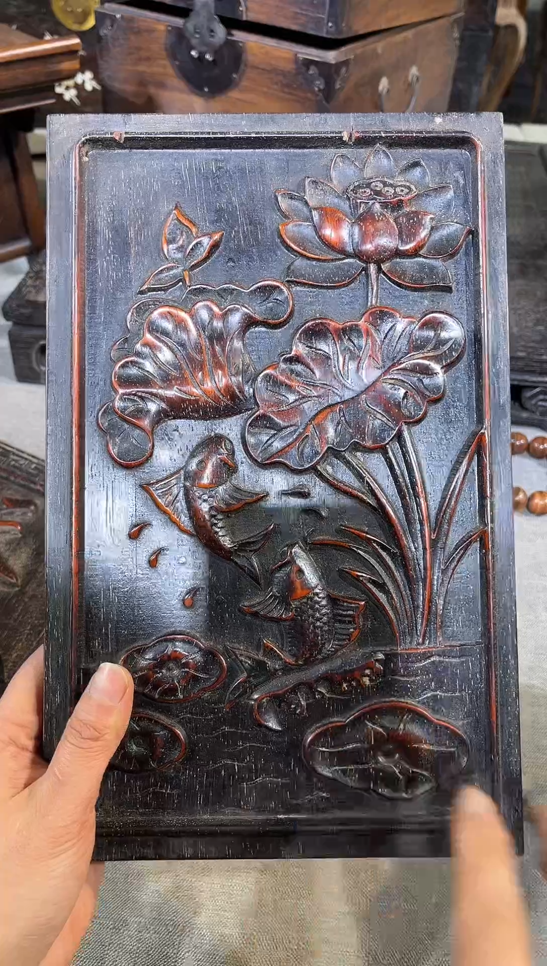 木紫檀雕刻荷花鱼小雕刻板