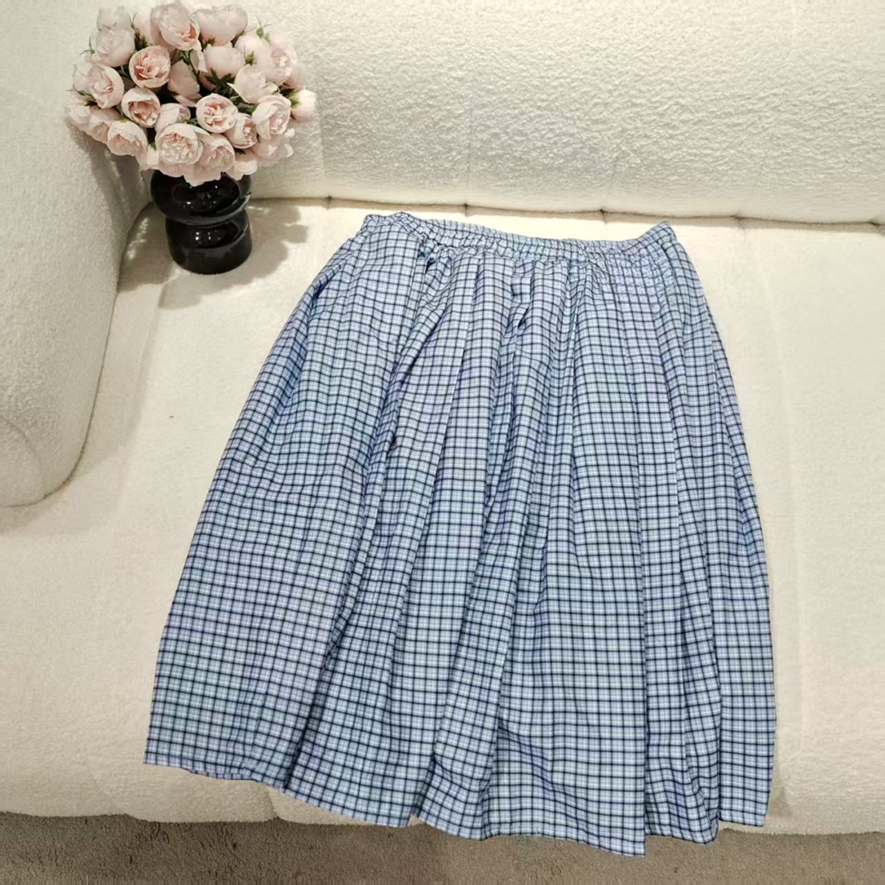 5615学院风蓝格子百褶半身裙休闲百搭夏季