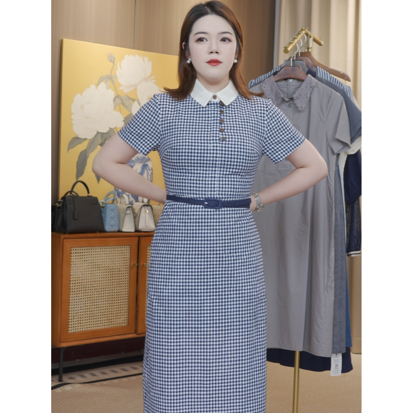 纯棉蓝白格POLO领短袖连衣裙2025夏季新款优雅气质收腰A字裙