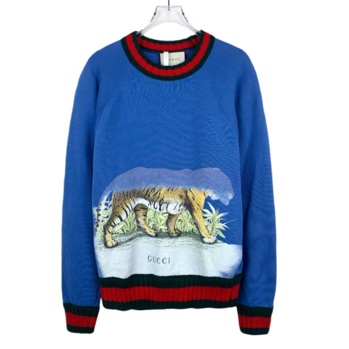 95新 GUCCI/古驰 012058 老虎印花蓝色羊毛针织卫衣 M码