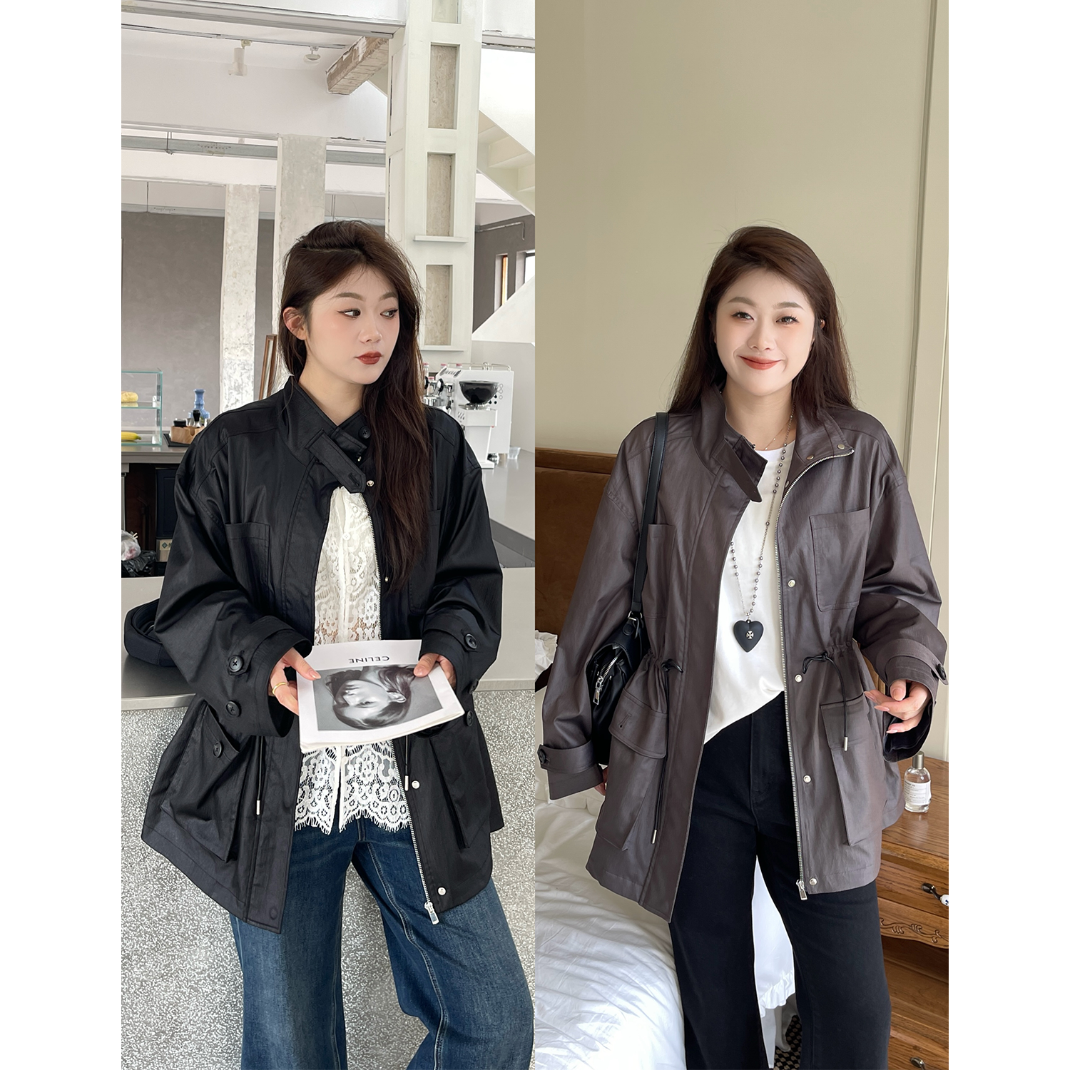 QC宣宣【摩登秋日】微胖大码女秋复古气质显瘦抽绳外套ZY507V43