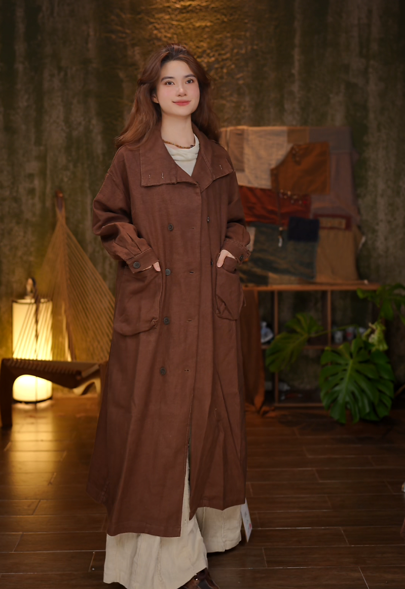 M994 麻长袖外披大衣长款袍子气质松弛感