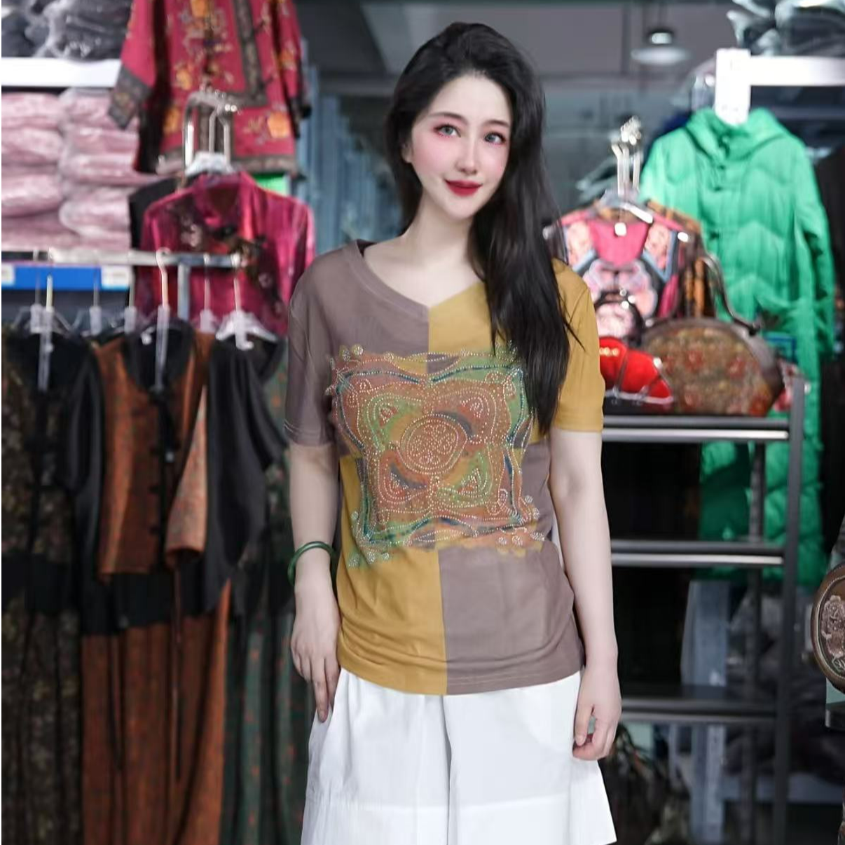 【夏季新款】小衫时尚印花短袖女宽松T恤夏装短袖花色上衣2116黄色