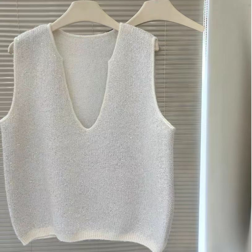 春季女装简约V领百搭亮片女士休闲纯色马夹薄款时尚无袖马甲B267